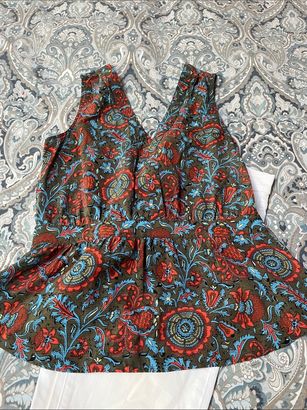 Banana Republic Olive Floral Peplum Tank with Red & Blue Accents